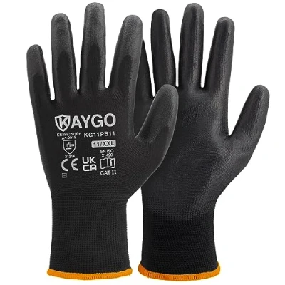 Image of KAYGO Work Gloves PU Coated 12 Pairs, KG11PB, Black Safety Working with Secure Grip on Palm &amp; Fingers, for Men and Women, Ideal General Duty Work, Gardening (XX Large, Black)