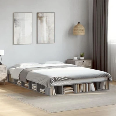 Image of vidaXL Bed Frame Grey Sonoma 160x200 cm Modern Engineered Wood with Slatted Base, Drawers &amp; Open Compartments