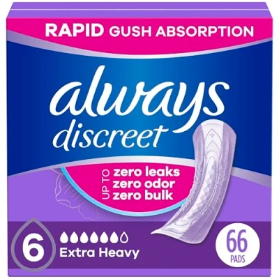 Image of Always Discreet, Incontinence &amp; Postpartum Pads for Women, Extra Heavy Overnight Absorbency, Regular Length, 33 Count x 2 Packs (66 Total)