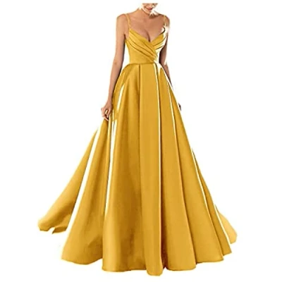 Image of yhfshop Floor Length Bridesmaid Dresses,Sexy V Neck Spaghetti Strap Satin Evening Dress,Golden,US20w,Bridesmaid Party Long Dress