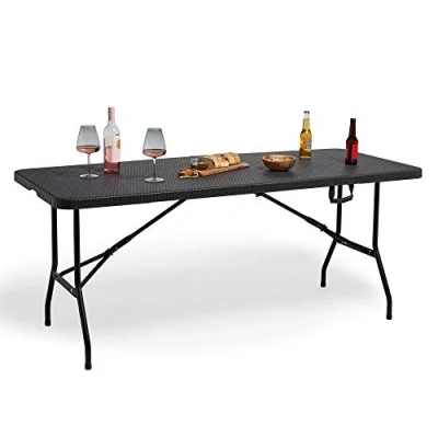 Image of VonHaus Folding Garden Dining Table 6ft for Garden, Rattan Effect Weatherproof Foldable Outdoor Patio Decking Balcony &amp; Conservatory Graphite Grey