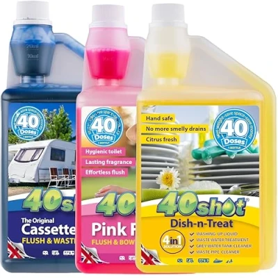 Image of 40Shot Triple Treat Pack Blue, Pink &amp; Dish n 3 x 1L Concentrates Caravan Motorhome Cassette Toilet Grey Water Tank Care 40 Doses Each Long Lasting Freshness Odour Control