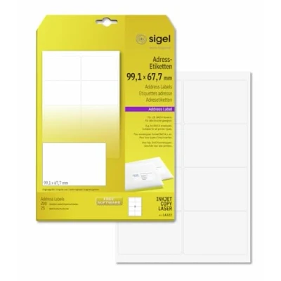 Image of SIGEL LA322 Universal Address Labels, 9.91 x 6.77 cm, 200 lbl equal to 25 sheets, White