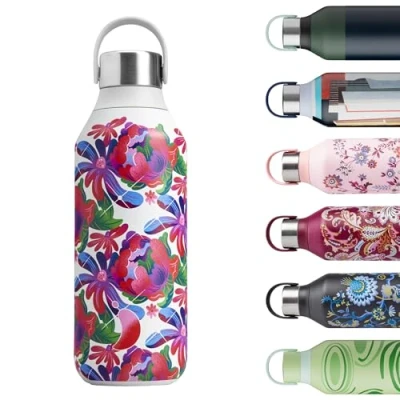 Image of Chilly&#039;s Series 2 Water Bottle Stainless Steel Thermal Bottles with Double Wall Vacuum, Soft Collar &amp; Carry Loop Peony Tumble, 500ml