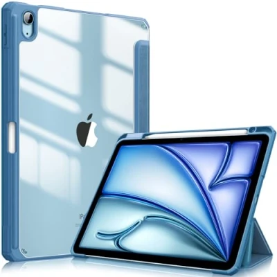 Image of FINTIE Hybrid Case for iPad Air 11 inch (2024) M2, 6th / 5th 4th Generation (2024/2022/2020), Shockproof Slim Clear Back Cover with Pencil Holder, Auto Wake/Sleep, Ocean Blue