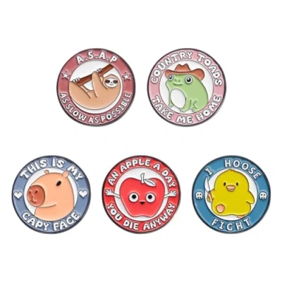Image of Round Cartoon Enamel Pins Letter Animal Series Brooches Lapel Badge Duck Frog Sloth Capy Pin for Backpacks Badges Hats Bags Accessory Women Girls Gift
