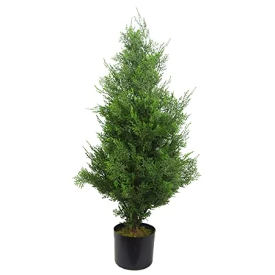 Image of Leaf Artificial Cedar Cypress Confier Trees, Wood, Green 90cm Bushy, 3 feet
