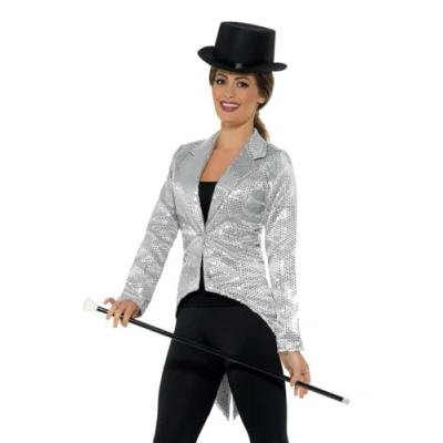 Image of Smiffys 21153S Sequin Tailcoat Ladies Jacket, Silver, S UK Size 08 10