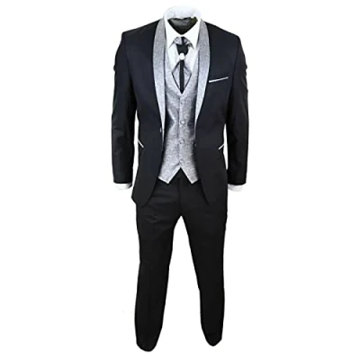 Image of Men&#039;s Classic 4 Piece Wedding Groom Shawl Collar Black Cravat 2 Button Fastening Suit Tailored Fit 46
