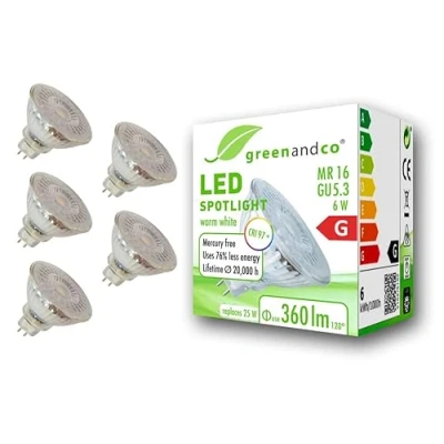 Image of greenandco® CRI 97+ 2700K 110 LED spot Replaces 25 Watt GU5.3 MR16 Halogen Spotlight, 6W 360 Lumen Warm White 12V AC/DC, not dimmable, 5 Pack