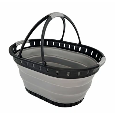 Image of SAMMART 25L Collapsible Plastic Laundry Basket Foldable Pop Up Storage Container/Organizer Portable Shopping Space Saving Hamper (Black/Alloy Grey)