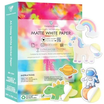 Image of Evergreen Goods 100 Sheets A4 White Matte Sticker Paper Inkjet &amp; Laser Printable Self Adhesive Sticky Back Label Create Product Labels for Arts Crafts