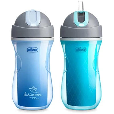 Image of Chicco 9oz. Double Wall Insulated Flip Top Sippy Cup with Silicone Straw and Spill Free Lid Rack Dishwasher Safe Easy to Hold Ergonomic Indents Blue Discover/Teal, 2pk 12+ Months