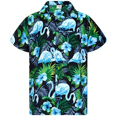 Image of King Kameha Mens Flamingo Flowers Short Sleeve Hawaiian Shirt Novelty Summer Vibes, Flowers, Black Blue, L