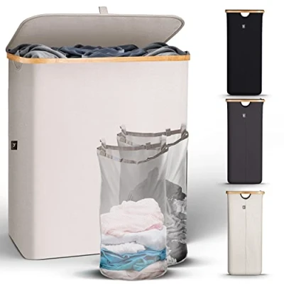Image of HENNEZ 141L Laundry Basket 2 Compartments With Lid Double Washing for Hamper Bin Dirty Clothes Large Wash