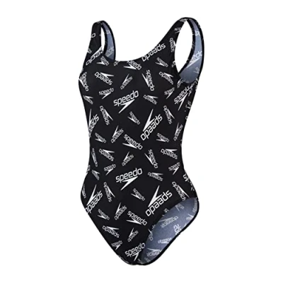 Image of Speedo Allover Deep U Back 1 Piece Swimsuit Black/White, 32 (UK 10)