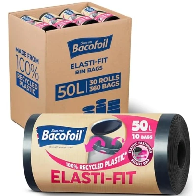 Image of Bacofoil Elasti Fit Bin Liners with Drawstring Handles 50L Leak Proof Bag Elastic Fastening for a Secure (30 Rolls, 300 Bags)