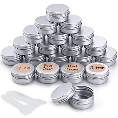 Image of 20pcs Empty Cosmetics Container Pots Aluminium Tin Jars with Screw Lids, Labels and Mini Spatula for Cream, Sample, Powder, Makeup Storage (20ml)