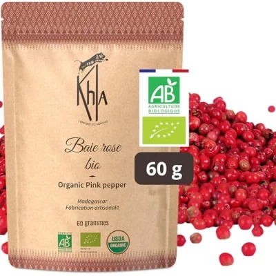 Image of Khla Pink Peppercorn 60g Organic Certified Whole Berries Madagascar Premium Quality Bourbon Pepper Sweet and Fruity Flavor Direct from Producer Origin
