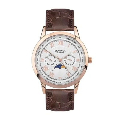 Image of Sekonda Armstong Classic Men&#039;s 40mm Quartz Watch in Silver with Analogue Day/Date Display, and Brown Leather Strap 30148