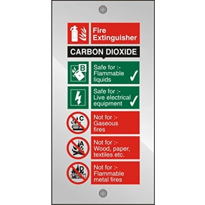 Image of Seco Carbon Dioxide Fire Extinguisher Sign, 100mm x 200mm 5mm Clear Acrylic with Stand Off Fixings