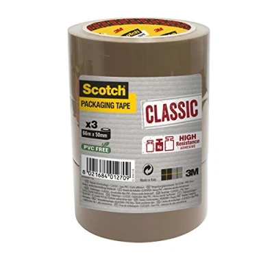 Image of Scotch Packaging Tape Roll Brown 50 mm x 66 m, Pack of 3 Ideal for Packing Boxes and Parcels