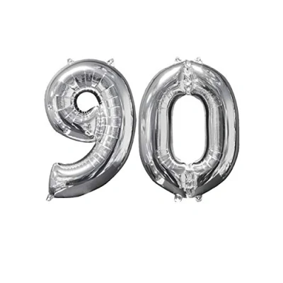 Image of Inflated Mid Size Silver 90th Birthday Helium Number Balloons on Weights