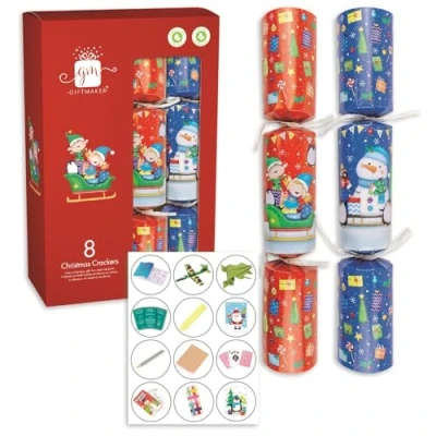 Image of Giftmaker Pack 8 Red Santa&#039;s Little Helpers Design Novelty Family Christmas Crackers 29cm