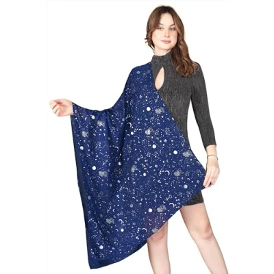 Image of London Scarfs Silver Gold Glitters Shimmer Foil Stars Women Scarf Shawl Wrap (Navy Blue Moon)