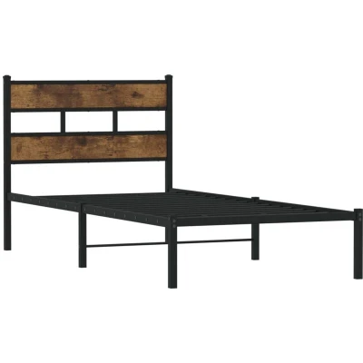 Image of vidaXL Metal Bed Frame Smoked Oak, Iron Base 90x200 cm with Storage Classic Industrial Style Single for Bedroom
