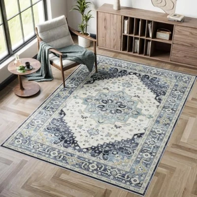 Image of Dripex Washable Bedroom Rug 80x150cm, Navy Blue Vintage Bedside for Bedroom, Machine Kitchen Non Slip Hallway Traditional Fireside Living Room