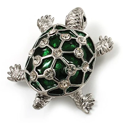 Image of Avalaya Cute Green Enamel Crystal Turtle Brooch (Rhodium Plated)