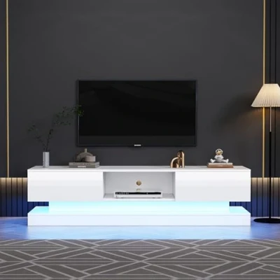 Image of BTM TV Cabinet, Stand Cabinet with 2 Drawers &amp; 1 Open Storage Space, White High Gloss Unit 16 Colour LED Lights, for 70 79 inch TV, 160x35x40.5cm