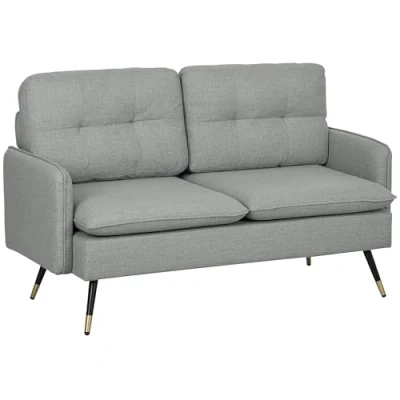 Image of HOMCOM Modern Two Seater Sofa, Button Tufted Loveseat with Cushions and Steel Legs for Living Room, Guest Grey