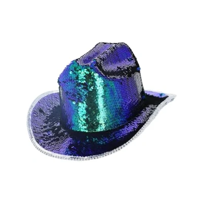 Image of Smiffys Fever Deluxe Sequin Cowgirl Hat, Iridescent Green, Accessories Fancy Dress, Adult Dress Up Hats