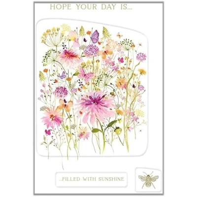 Image of Nigel Quiney Female Birthday Card General for Women Watercolour Pink Meadow Flowers Embossed with Foil Details Eco Friendly and Recyclable