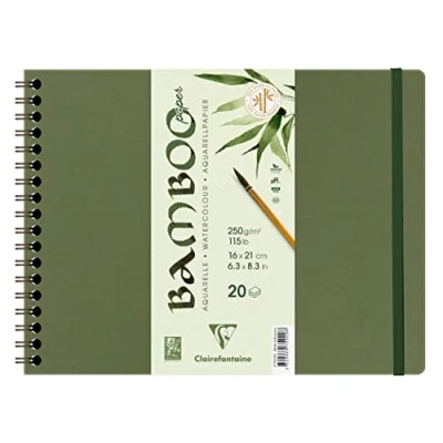 Image of Clairefontaine 975929C Bamboo Spiral Notebook 20 Sheets 100% Natural White Watercolor Paper Vegan Finely Marked Grain Professional Quality 21x16 cm 250g