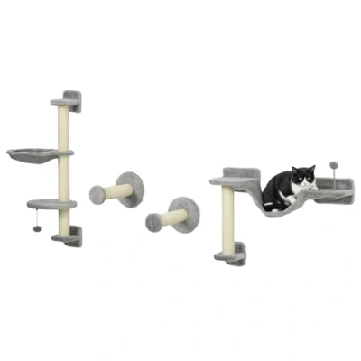 Image of PawHut Cat Wall Furniture with Hammock, Perches, Ladder, Scratching Post, Grey