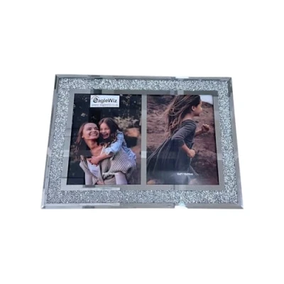 Image of EagleWiz Large Glass Mirrored Crushed Crystal Diamond Double Photo Picture Frame Two photos Silver suitable for sizes 7x5 inches and 8x6