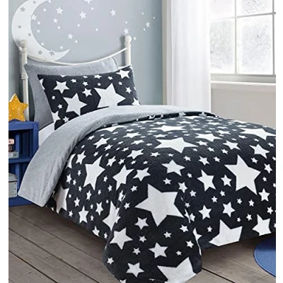 Image of NIGHTZONE Teddy Star Fleece Duvet Cover Set Soft Cosy Warm Kids Bear Bedding (Charcoal &amp; Silver, Double)