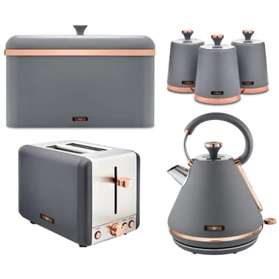 Image of TOWER Cavaletto Grey &amp; Rose Gold 3KW 1.7L Pyramid Kettle, 2 Slice 850W Toaster, Bread Bin, Set of 3 Tea, Coffee, Sugar Canisters. Matching Kitchen 6 Items in