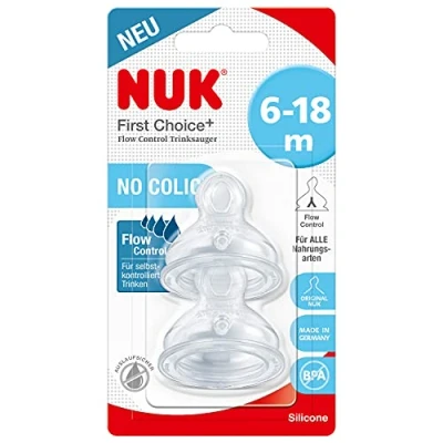 Image of NUK First Choice+ Flow Control Baby Bottle Teats 6 18 Months Anti Colic Valve BPA Free Pack of 2
