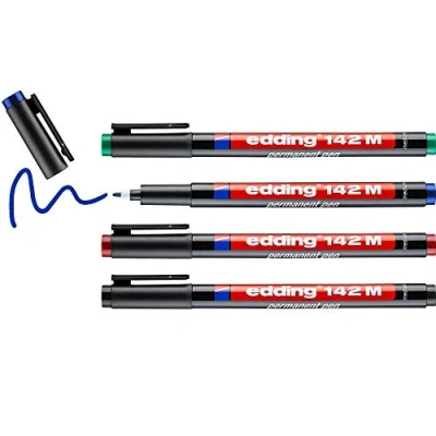 Image of edding 142 M permanent pen set of 4 multi coloured round nib 1 mm for writing on glass, plastic, foils and smooth surfaces permanent, quick drying, smudge proof waterproof