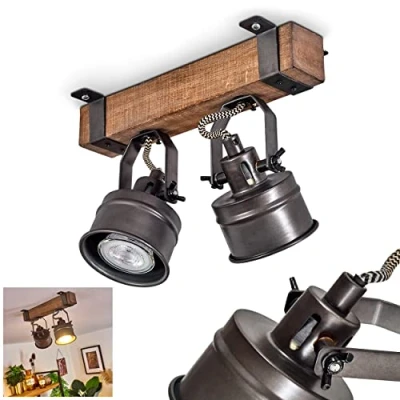 Image of hofstein Pehefito Ceiling Light, Vintage Design Metal/Wood Light in Black/Brown, Retro with Wooden Beams and Adjustable spotlights, 2 Flame, x GU10 Socket, Bulbs not Included