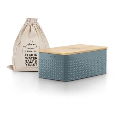 Image of LARS NYSØM Bread box I Metal with linen bag for long lasting freshness bamboo lid usable as cutting board 13.4x7.3x5.3In (Stone Blue)
