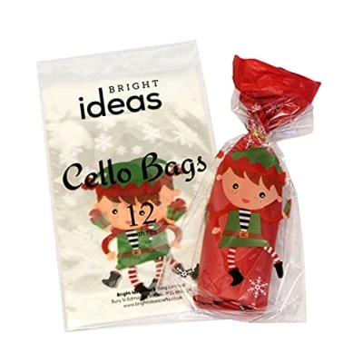 Image of Bright Ideas Festive Elf Cellophane Bags, PK12 28cm x 18cm Food Safe Cookie Bags with Colour Twist Ties for Gifts, Packaging, Wrapping Sweets bag Hamper Making Birthday Party. BI2625.