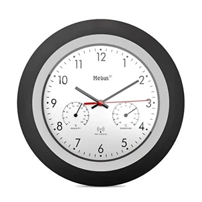 Image of Mebus Radio Controlled Wall Clock with Thermometer and Hygrometer/Black Frame/White Dial / 29 cm Diameter/Round/Model: 19449 Colour: Black, White