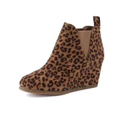 Image of Dunes Women&#039;s Zoey Wedge Bootie, Soft Vegan Suede, Easy Slip On Design, Memory Foam, Wide Widths Available, Leopard, 8.5