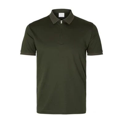 Image of SELECTED HOMME Men&#039;s Slhfave Zip Ss Polo Noos Shirt, Forest Night, S