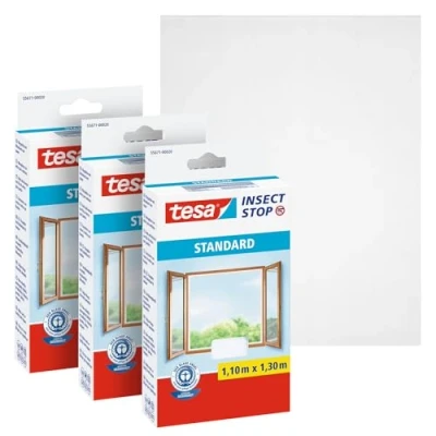 Image of tesa Insect Stop Hook and Loop Standard for Windows Self Adhesive Window Fly Screen Cut to Desired Size in White, 3X 110 cm x 130